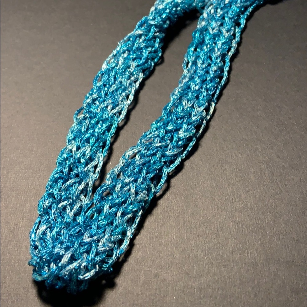 Metallic blue handmade knitted fabric necklace